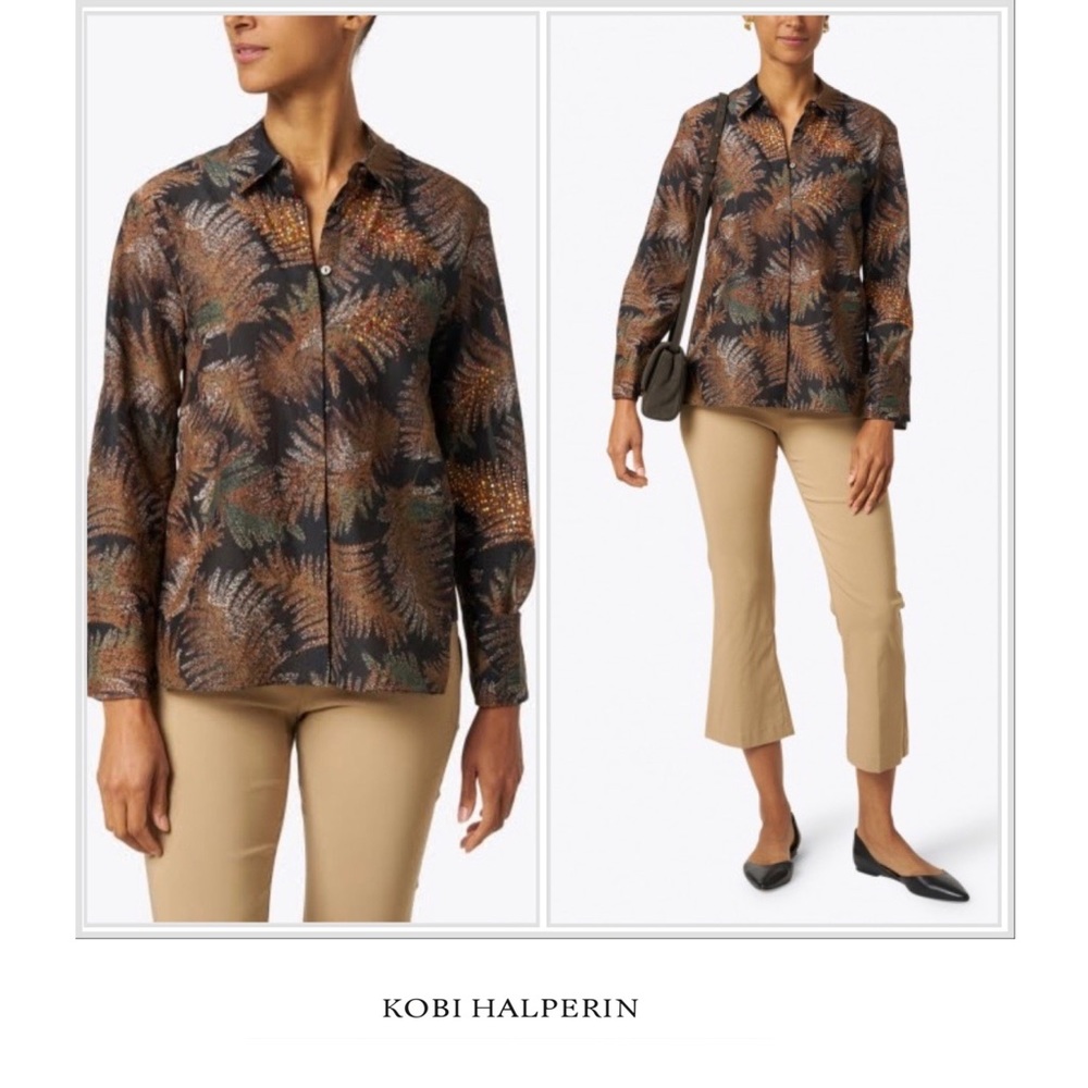 KOBI Halperin Nina Black Multi Leaf Print Cotton Silk Blouse